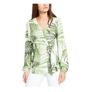NWT Alfani Womens Side Tie Long Sleeve V Neck Blouse Green Fern Size S $70 1C406